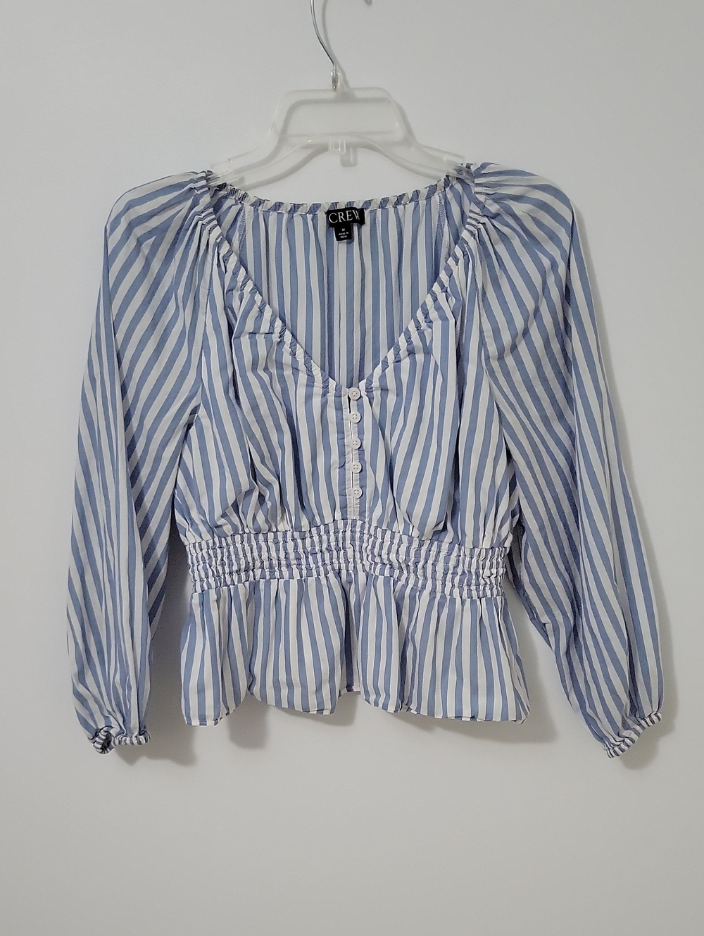J. Crew Blue and White Striped Peplum Blouse, Size Medium